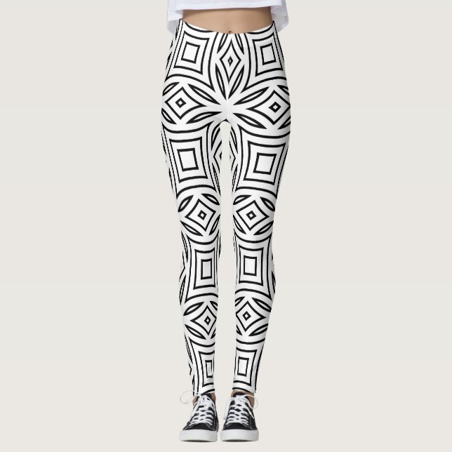 Black and white floral geometric pattern leggings (Front)