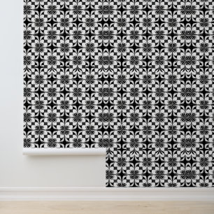 Black and White Floral Geometric Pattern Wallpaper