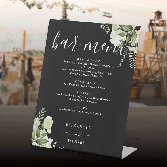 Black And White Floral Greenery Wedding Bar Menu Pedestal Sign (Black And White Floral Greenery Wedding Bar Menu Pedestal Sign)