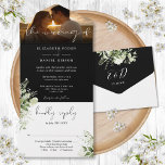 Black And White Floral Greenery Wedding Photo All In One Invitation<br><div class="desc">All in one wedding invitation featuring floral greenery,  elegant calligraphy script typography and your special photo. The invitation includes a perforated RSVP card that can be individually addressed or left blank for you to handwrite your guest's address details. Designed by Thisisnotme©</div>