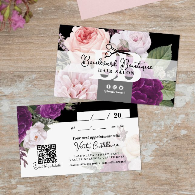 Black and White Floral Hair Stylist Appointment QR Business Card (Creator Uploaded)