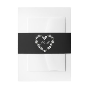Black and White Floral Heart Monogram Wedding Invitation Belly Band
