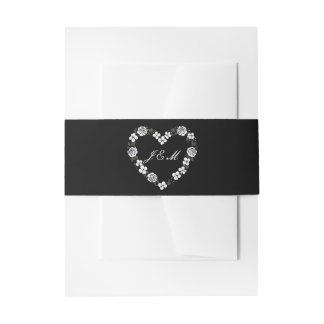 Black and White Floral Heart Monogram Wedding  Invitation Belly Band
