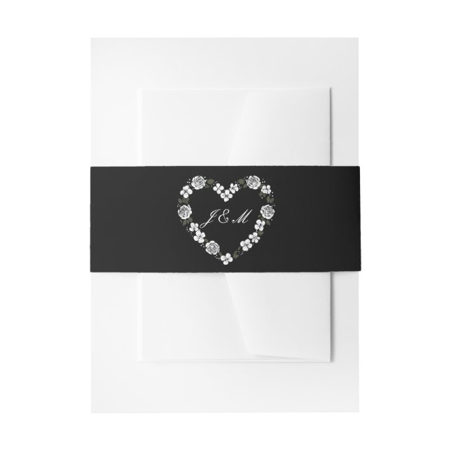 Black and White Floral Heart Monogram Wedding  Invitation Belly Band (Front Example)