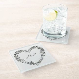 Black and White Floral Heart-Shaped Tempered Glass Coaster