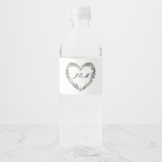 Black and White Floral Heart Wedding Water Bottle Label