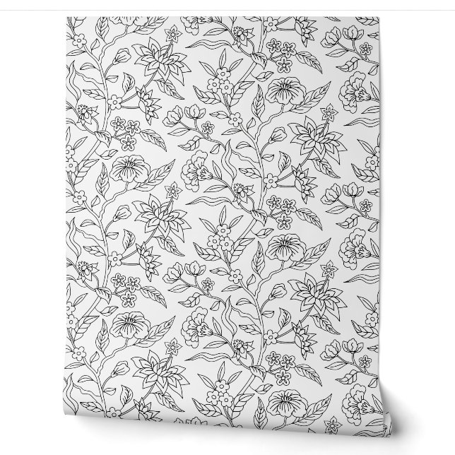 Black and White Floral Illustrated Pattern Wallpaper (Unrolling)