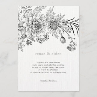 Black and white floral illustration wedding invitation