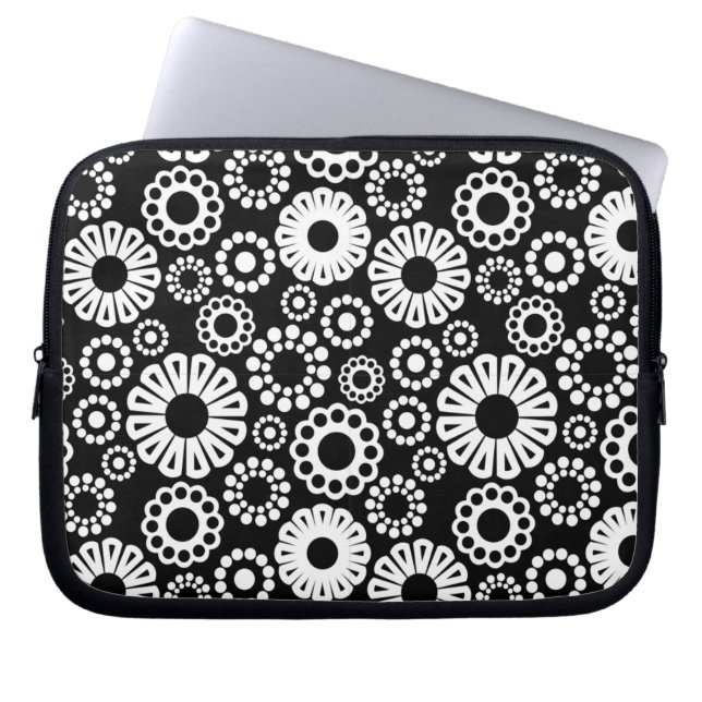 Black and white floral Laptop Sleeve (Front)