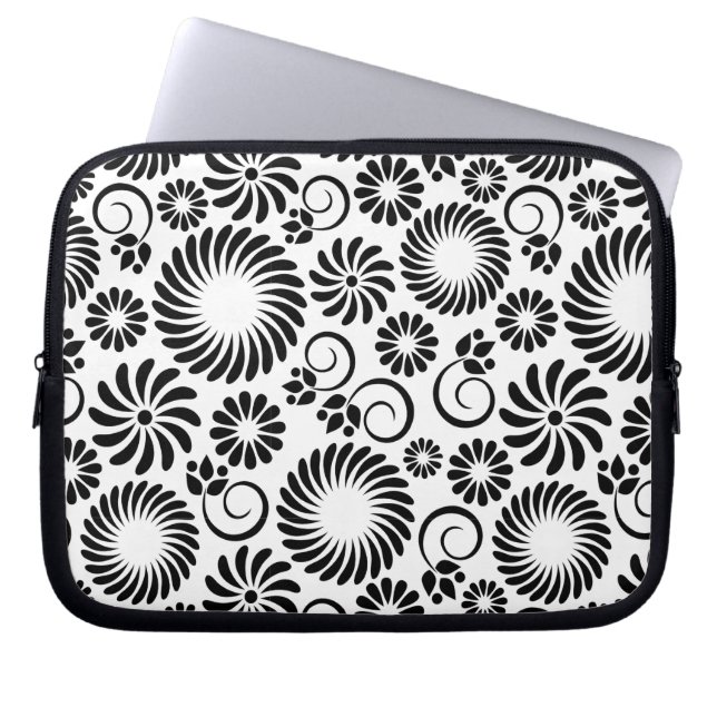 black and white floral Laptop Sleeve (Front)