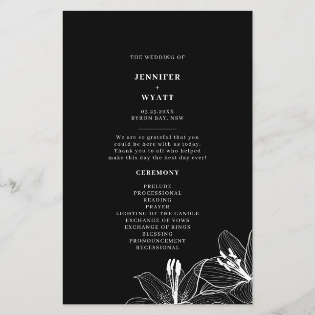 Black and White Floral Lilies Wedding Programs (Front)