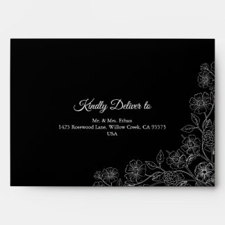 Black and White Floral Line Art Wedding Envelope
