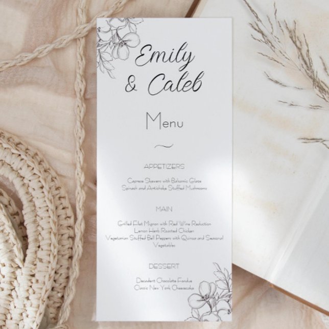 Black and White Floral Line Art Wedding Menu (black and white elegant floral menu card wedding script font)