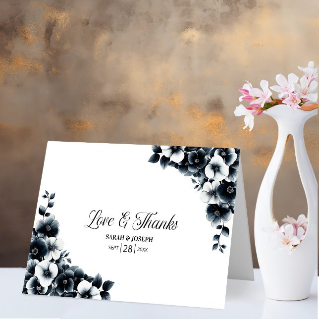 Black and White Floral Love and Thanks Wedding Thank You Card (Creator Uploaded)