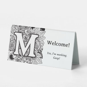 Black and White Floral M Funny Office Desk Message