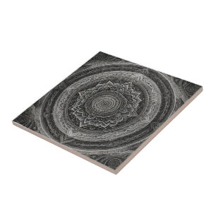 Black and white floral mandala ceramic tile