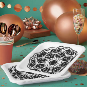Black and white floral mandala paper plate