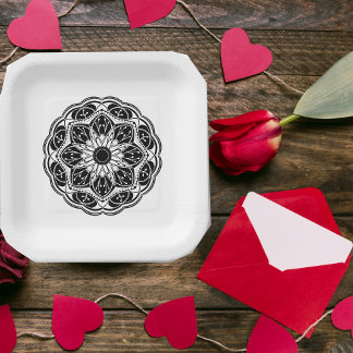 Black and white floral mandala square Paper Plate