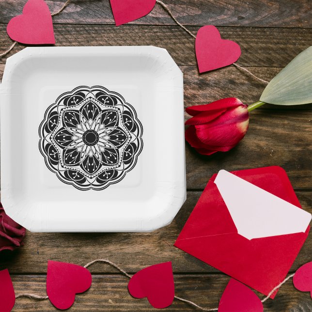  Black and white floral mandala square Paper Plate (Creator Uploaded)