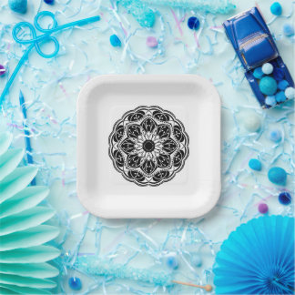 Black and white floral mandala square Paper Plate