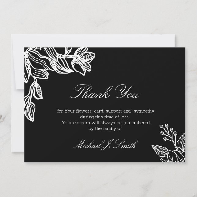 Black and White Floral  Modern Funeral Sympathy Thank You Card (Front)