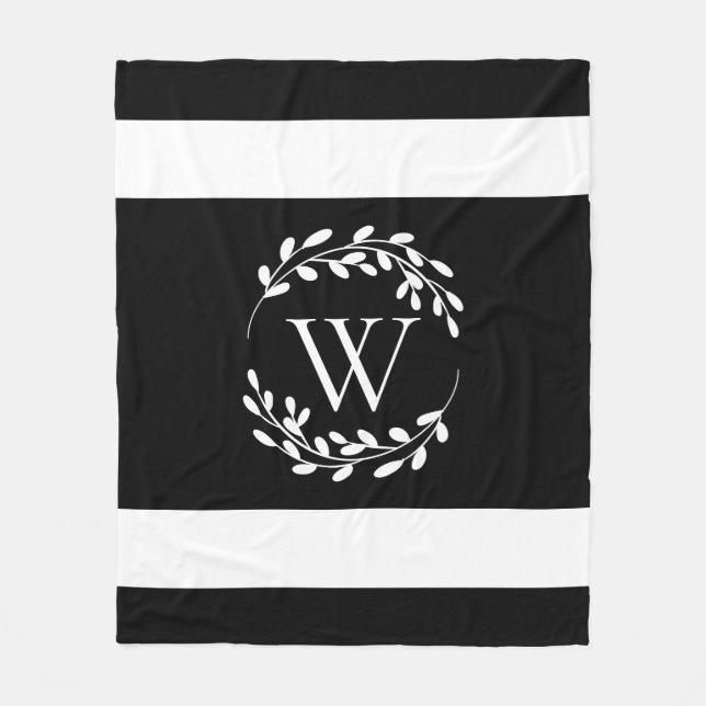 Black and White Floral Monogram Fleece Blanket (Front)