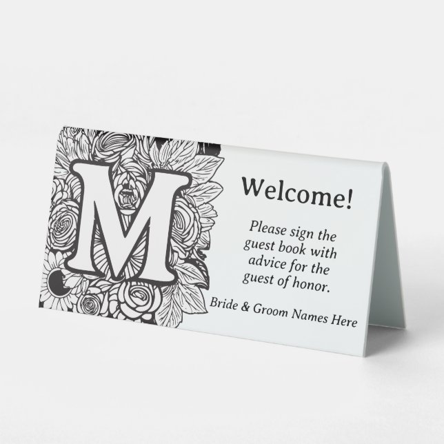 Black and White Floral Monogram Letter M Wedding (Front)
