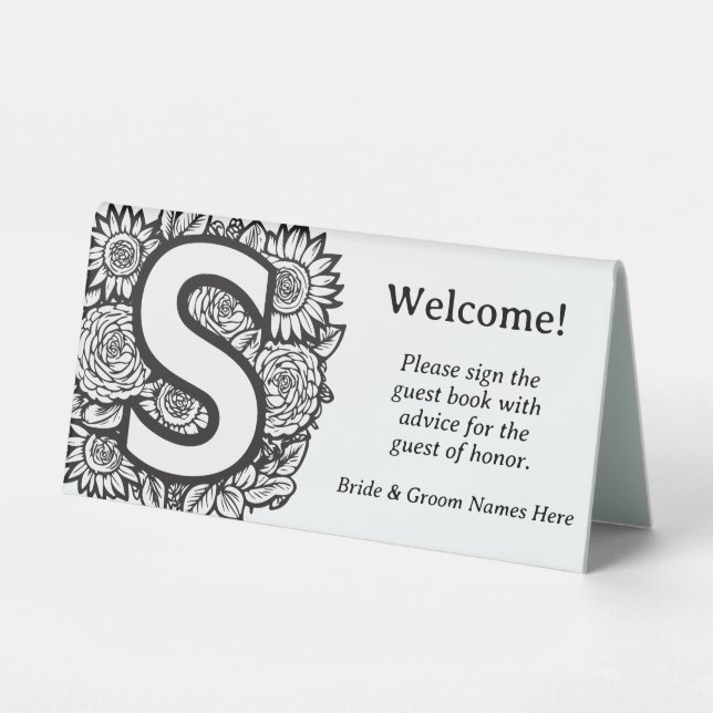 Black and White Floral Monogram Letter S Wedding (Front)