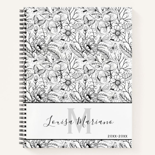 Black and White Floral Monogram Notebook (Front)