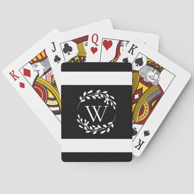 Black and White Floral Monogram Playing Cards (Back)