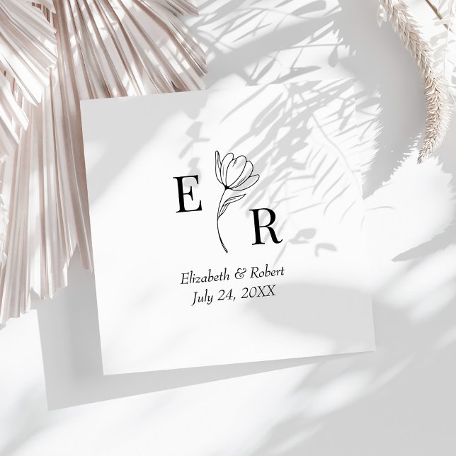 Black and White Floral Monogram Wedding Napkin (Black and White Floral Monogram Wedding Napkins on a sunny white wedding.)