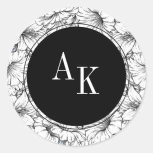 Black and White Floral Name Monogram Wedding Classic Round Sticker