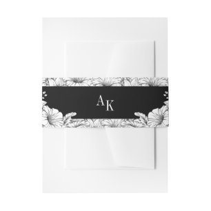 Black and White Floral Name Monogram Wedding Invitation Belly Band