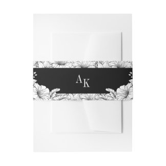 Black and White Floral Name Monogram Wedding Invitation Belly Band