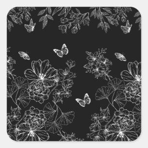 Black and White Floral Nature Pattern Minimalist Square Sticker
