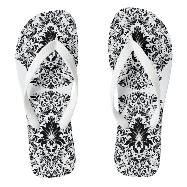Black And White Floral Ornament Thongs (Footbed)
