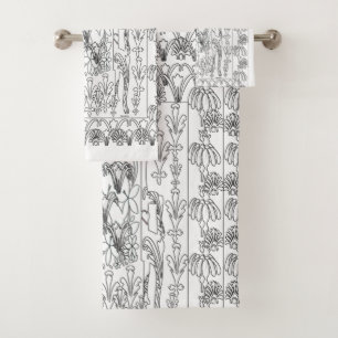 Black And White Floral Outline 3 Piece Bath Towel Set
