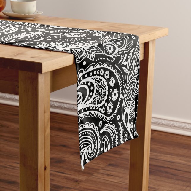 Black And White Floral Paisley Pattern Short Table Runner (In Situ)
