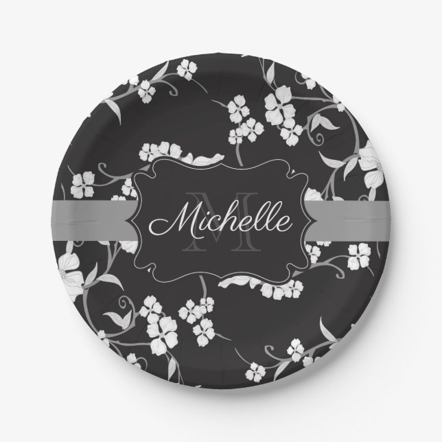 Black and White Floral Paper Plate (Front)