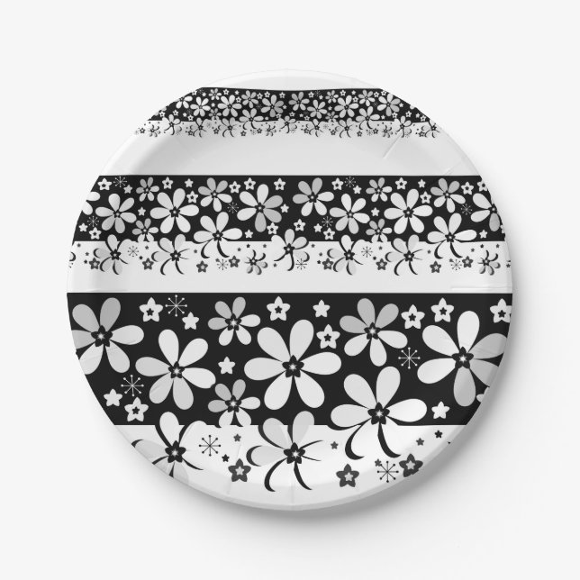 Black and white floral paper plate (Front)
