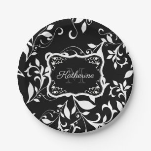 Black and White Floral Paper Plate