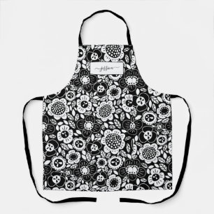Black and White Floral Patter with Script Name Apron