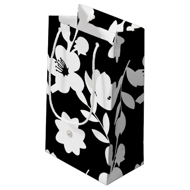 black and white floral pattern and pearls small gift bag (Back Angled)