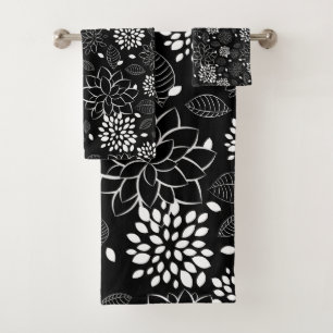Black and White Floral Pattern Bath Towel Set
