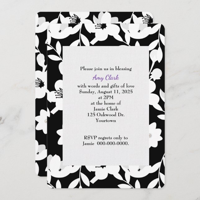 black and white floral pattern bridal shower invitation (Front/Back)