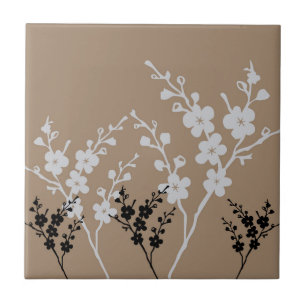 Black and White Floral Pattern Ceramic Tile