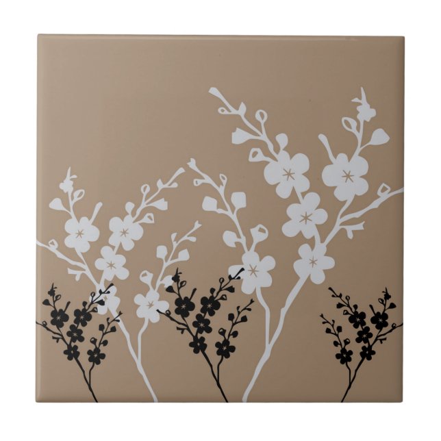 Black and White Floral Pattern Ceramic Tile (Front)
