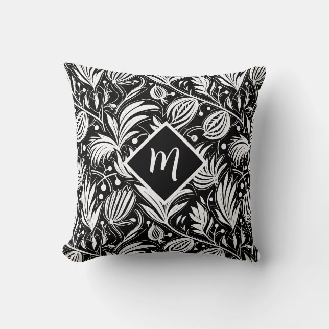 Black and White Floral Pattern Diamond Monogram  Cushion (Front)