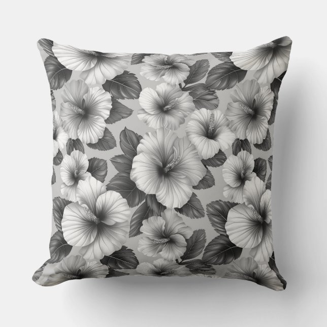 Black and white floral pattern hibiscus flowers cushion (Front)