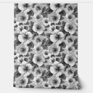 Black and white floral pattern hibiscus flowers wallpaper